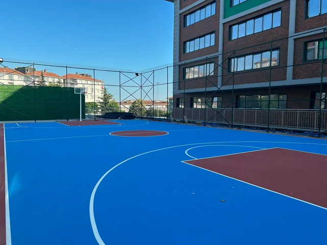 Mavi kırmızı ve yeşil renkli akrilik basketbol sahası